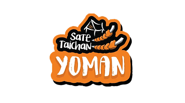 Logo with text 'Sate Taichan YOMAN' featuring two skewered grilled items and a spider web design in black and orange colors.