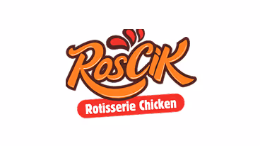 Logo of Roscik Rotisserie Chicken with stylized orange and brown lettering and red splash accents.
