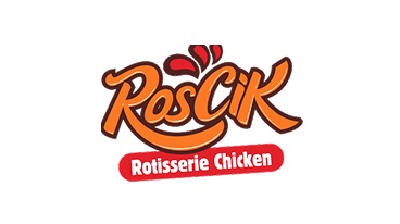 Logo of Roscik Rotisserie Chicken with stylized orange and brown lettering and red splash accents.
