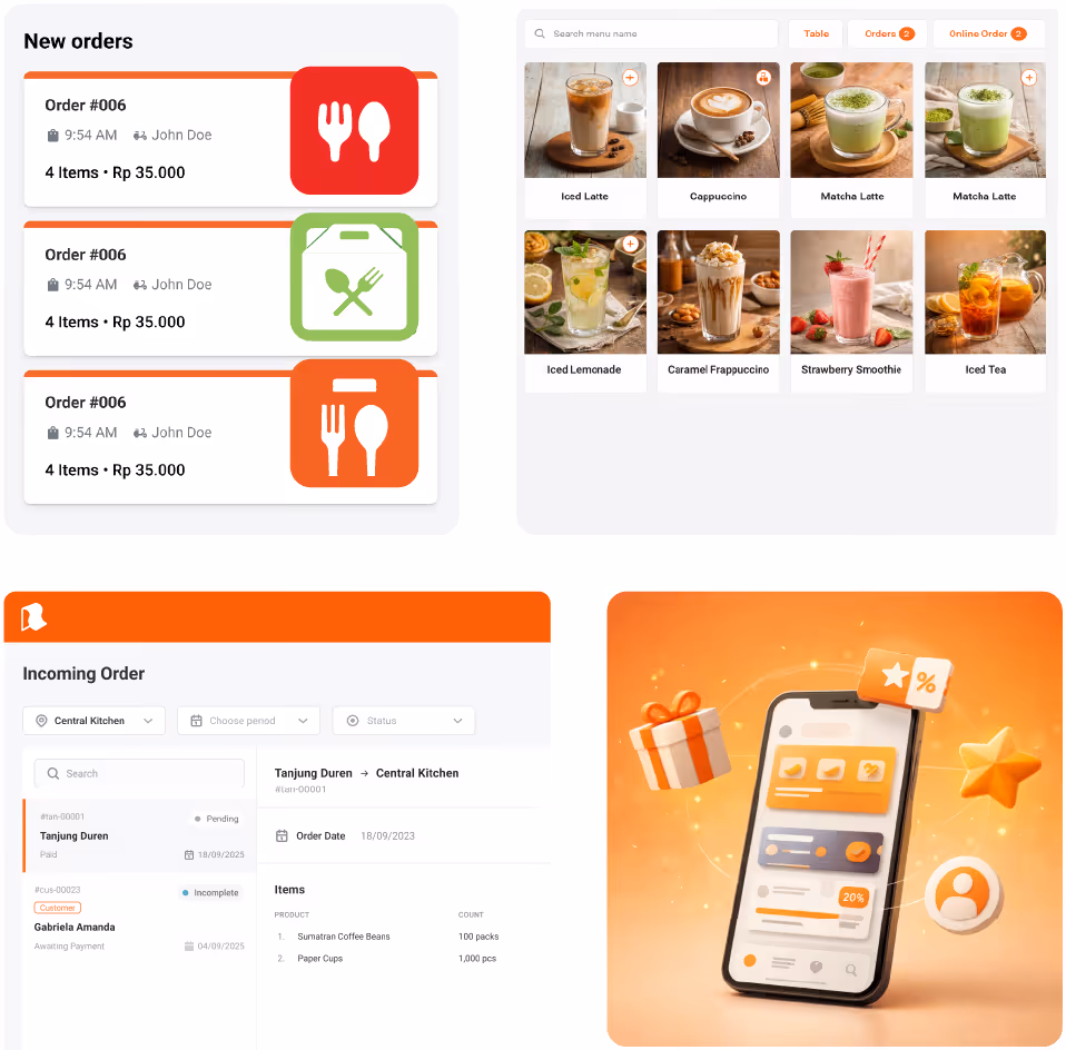 a situation about cafe owner, a tablet about cafe order, and a family lunch