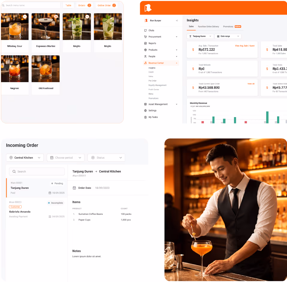 a situation about cafe owner, a tablet about cafe order, and a family lunch
