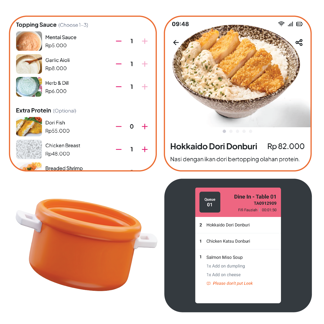 a situation about cafe owner, a tablet about cafe order, and a family lunch
