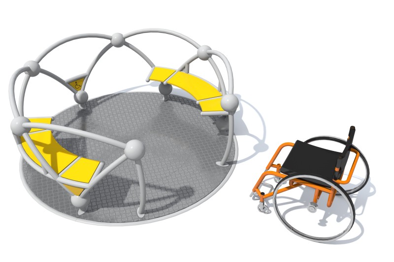 “Inclusive wheelchair accessible roundabout with seating and ground-level platform for SEN and public playgrounds.