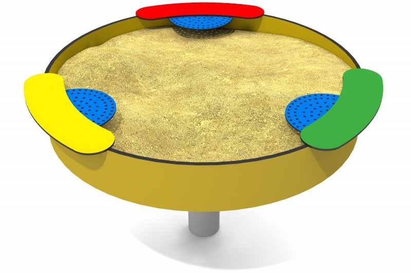 Wheelchair-accessible round sand play table with colourful activity stations designed for inclusive outdoor sensory play.