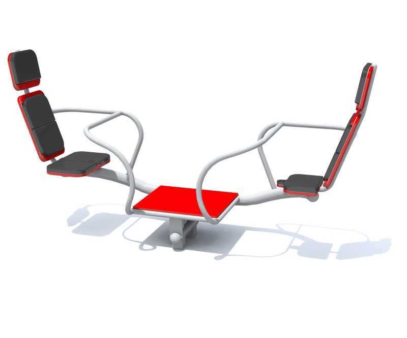 Inclusive three-user seesaw with two easy-access seats and a central platform for children with limited mobility.