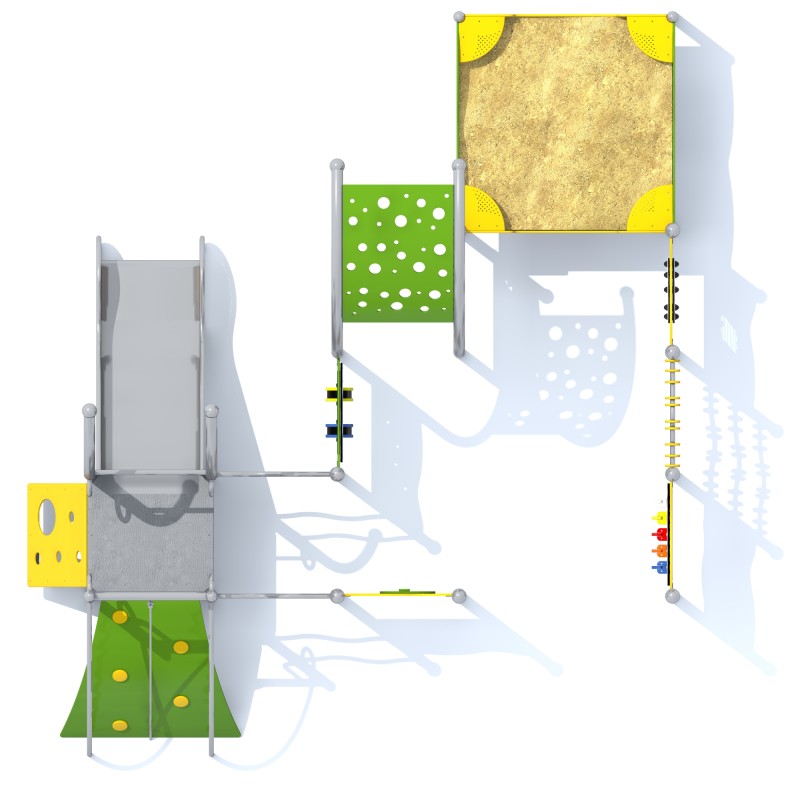 Inclusive stainless steel multi-activity play set with slide, ramp access, sensory panels and snail-inspired design.