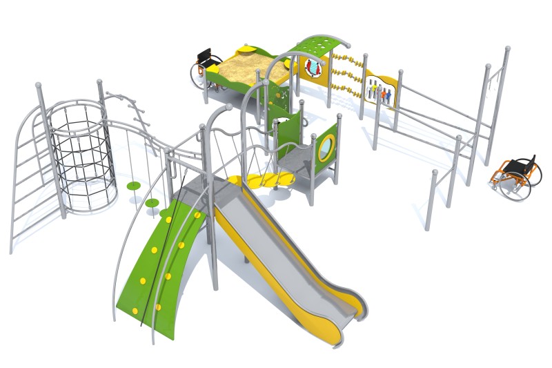 Inclusive stainless steel multi-activity play system with climbing nets, double slide, sensory panels and a wheelchair-accessible sand play area.