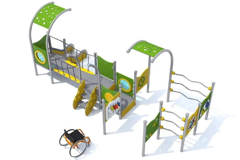 Inclusive stainless steel play unit with sensory panels, climbing elements, bridge walkway and slide for accessible playgrounds.