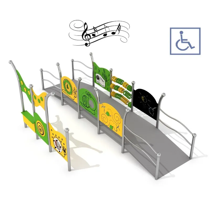 Inclusive stainless steel musical play set with colourful sensory panels accessible for wheelchair users.
