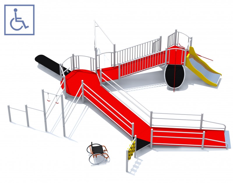 Large inclusive steel ramp play system with slide, climbing net, wide accessible ramps and wheelchair-friendly design.