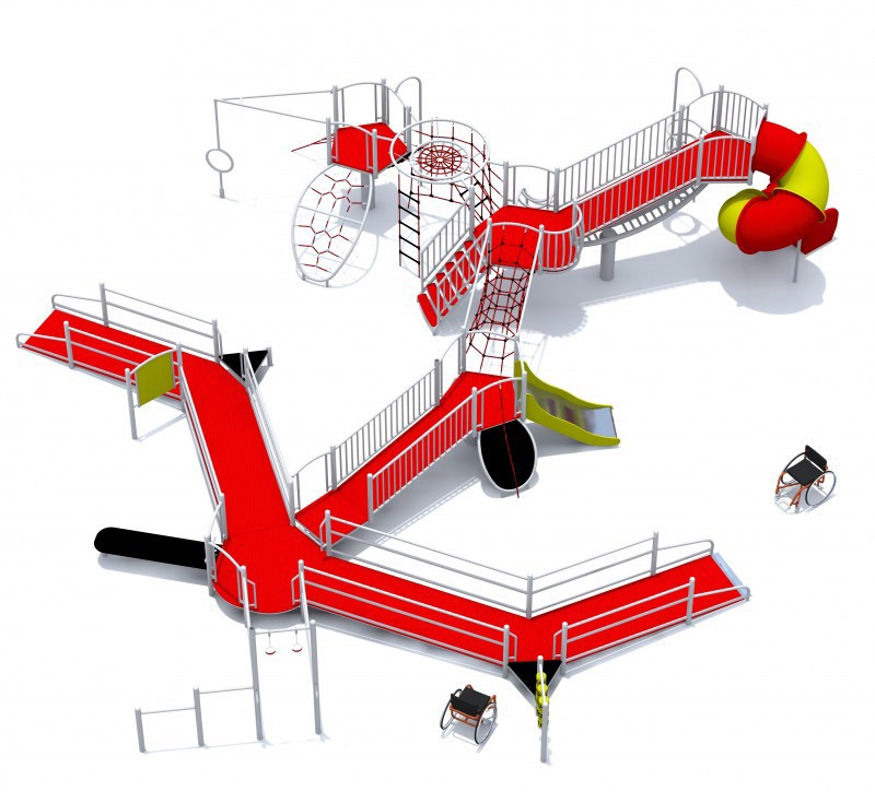 Inclusive Steel Ramp & Climbing Play System – Multi-Level Accessible Structure with Tunnels, Slides & Rope Climbers