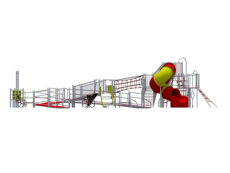 Large inclusive steel ramp and climbing play system with red accessible ramps, rope tunnel, stainless-steel slide and wheelchair-friendly design