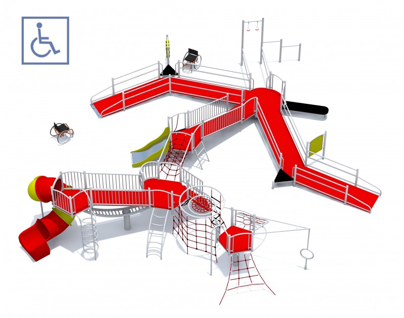 Large inclusive steel ramp and climbing play system with red accessible ramps, rope tunnel, stainless-steel slide and wheelchair-friendly design