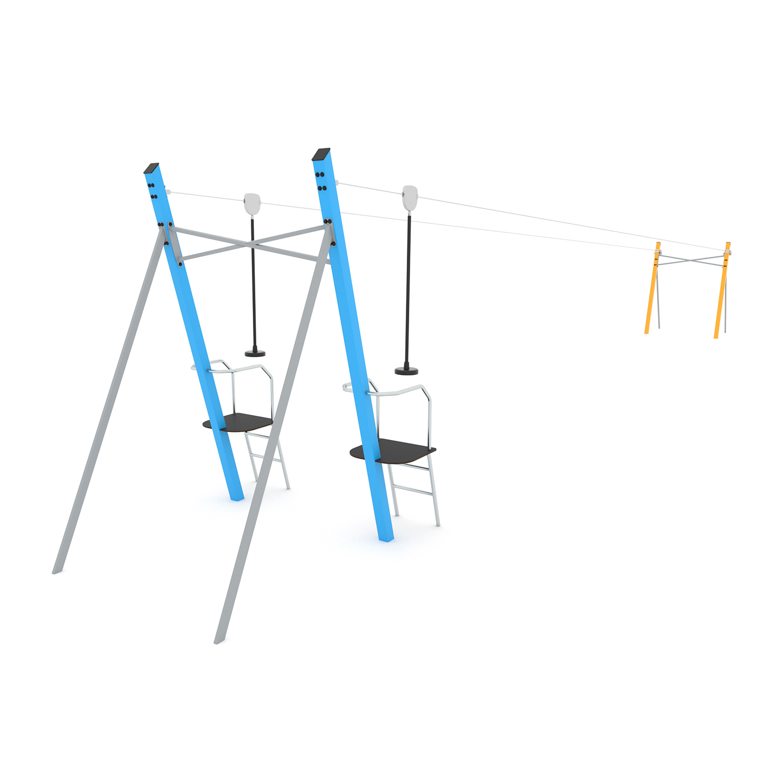 Double zipline with two launch platforms, dual overhead cables, and steel A-frame supports for parallel rider play.