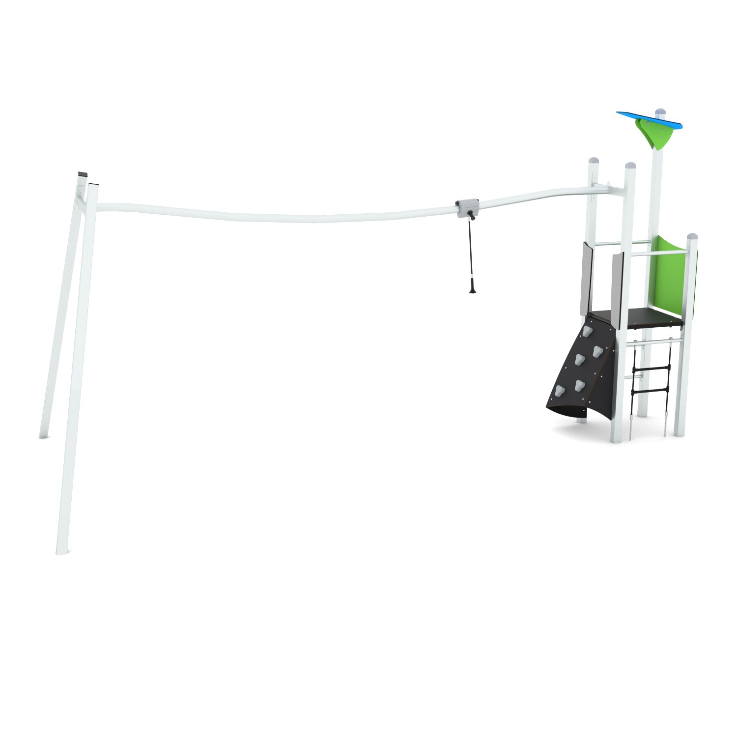 Steel-frame playground track glider with launch tower, climbing wall and steel glider rail."