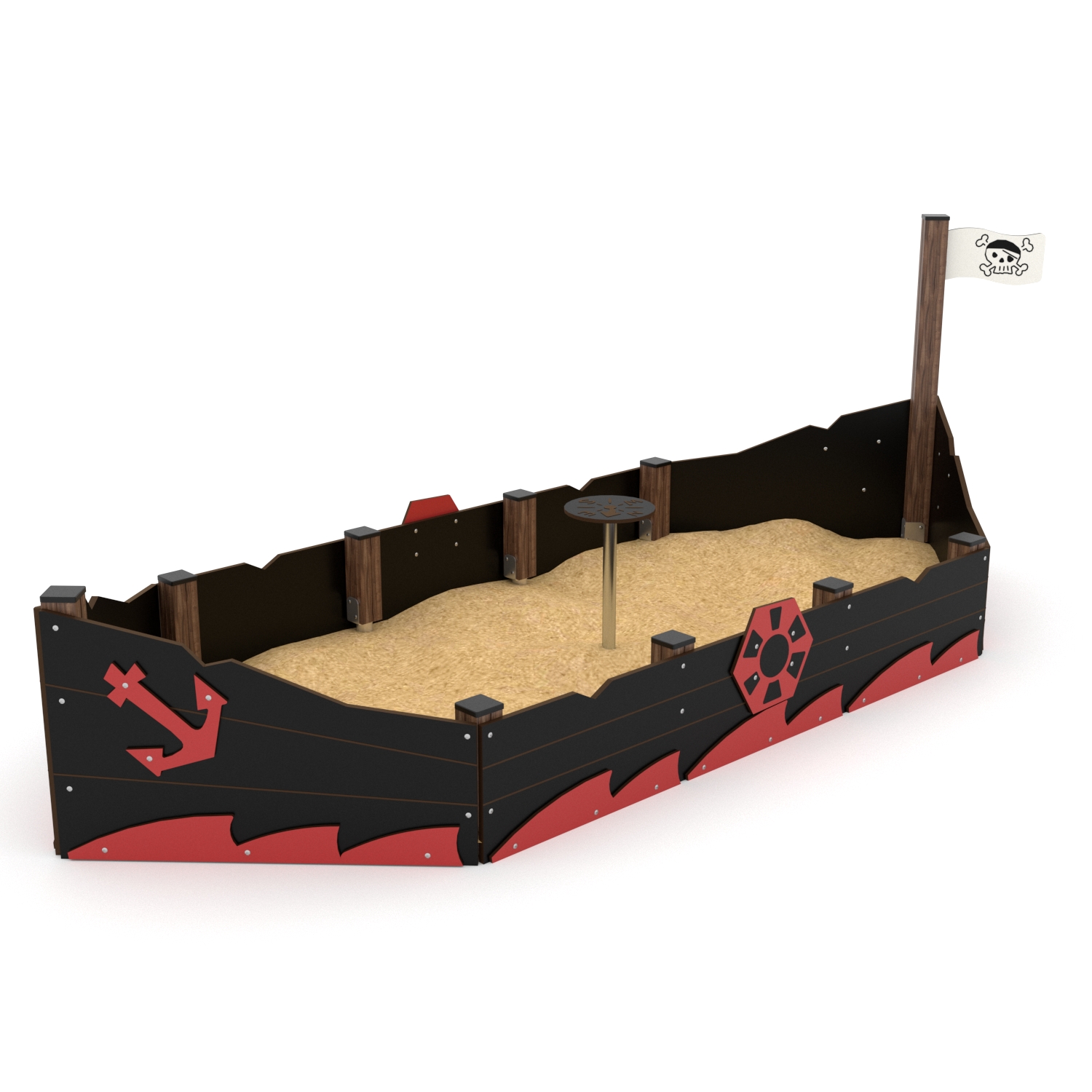 Pirate ship themed playground sandpit with raised HDPE sides, central sand play table and flag mast