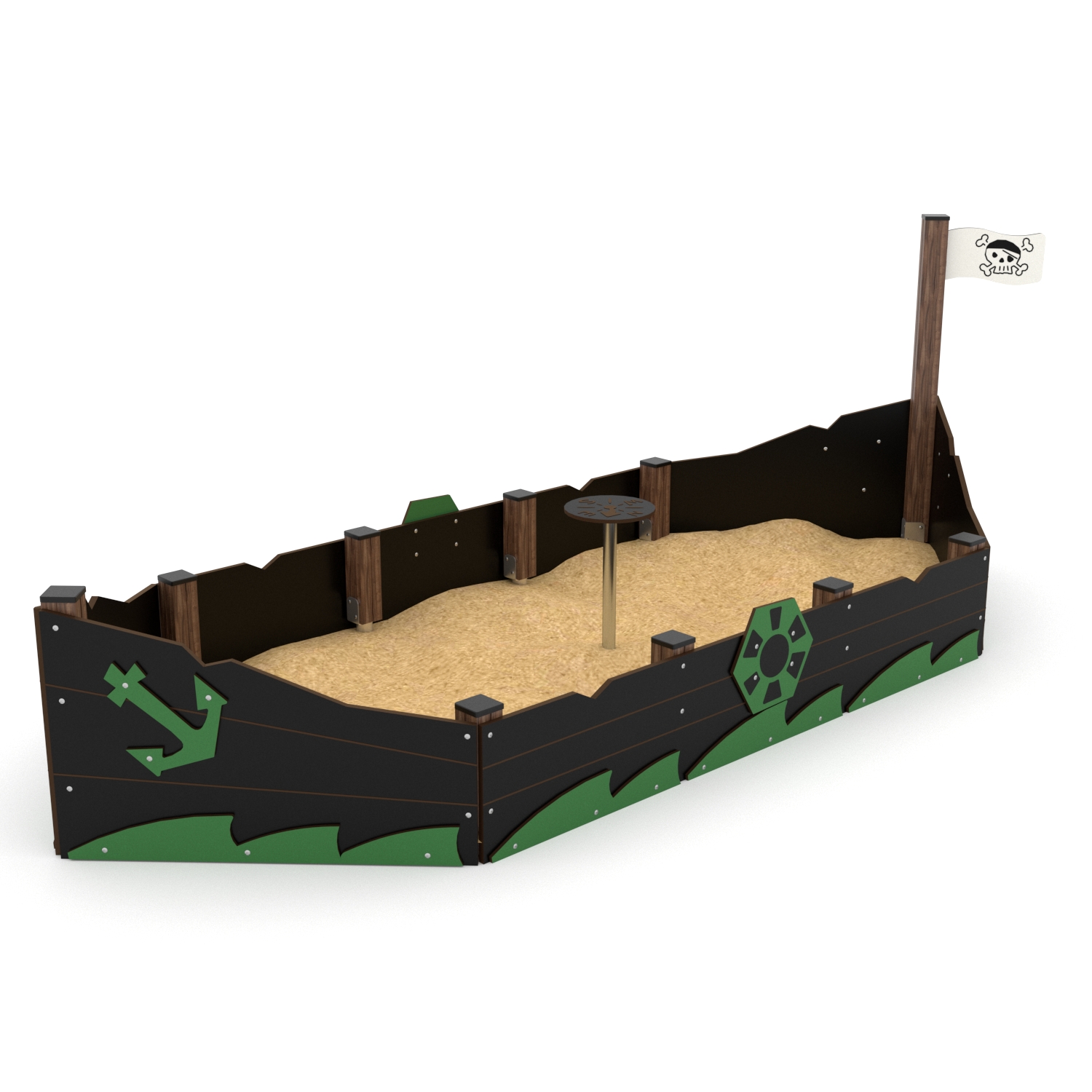 Pirate ship themed playground sandpit with raised HDPE sides, central sand play table and flag mast