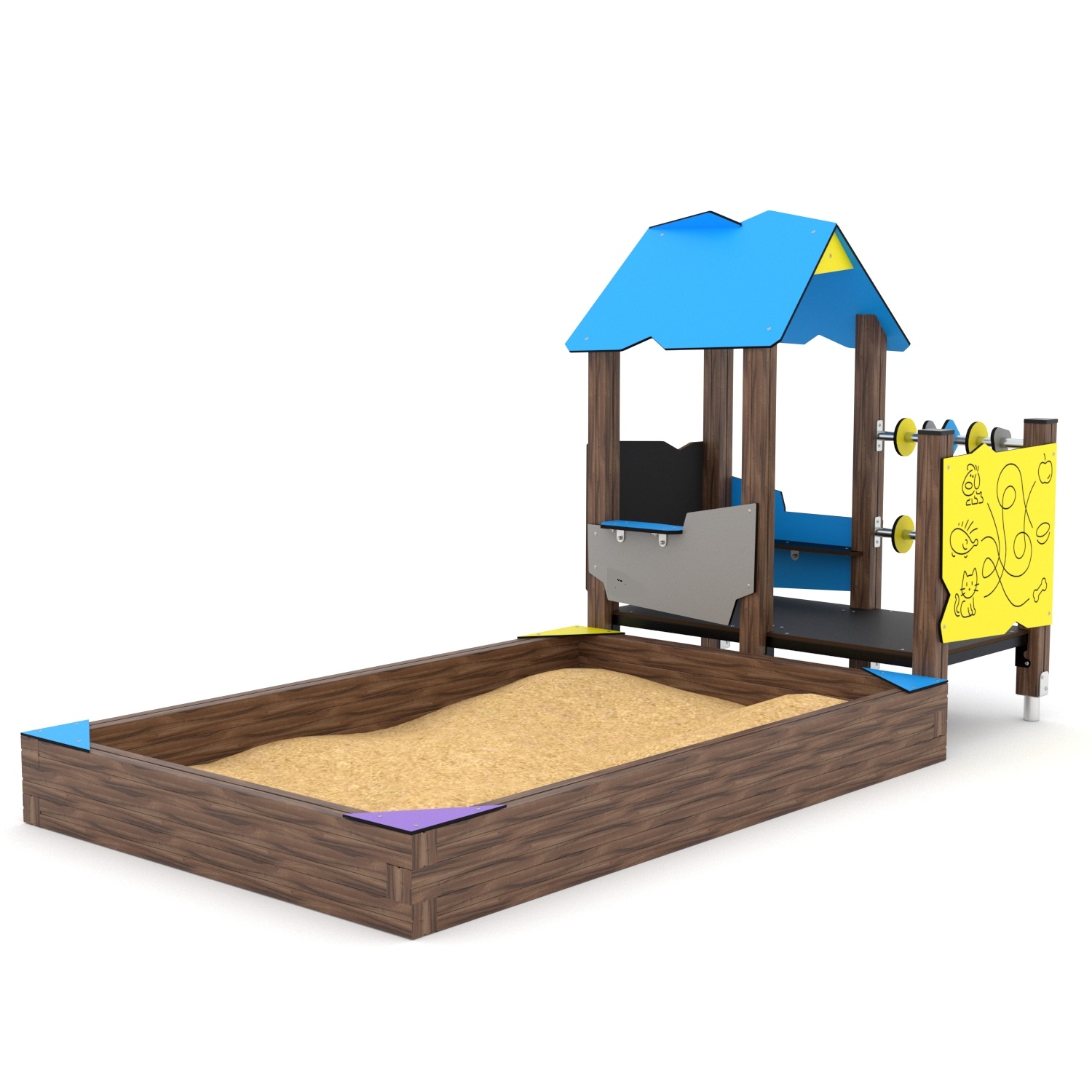 Playhouse with attached sandpit featuring HDPE panels, mark-making board and abacus for EYFS outdoor play
