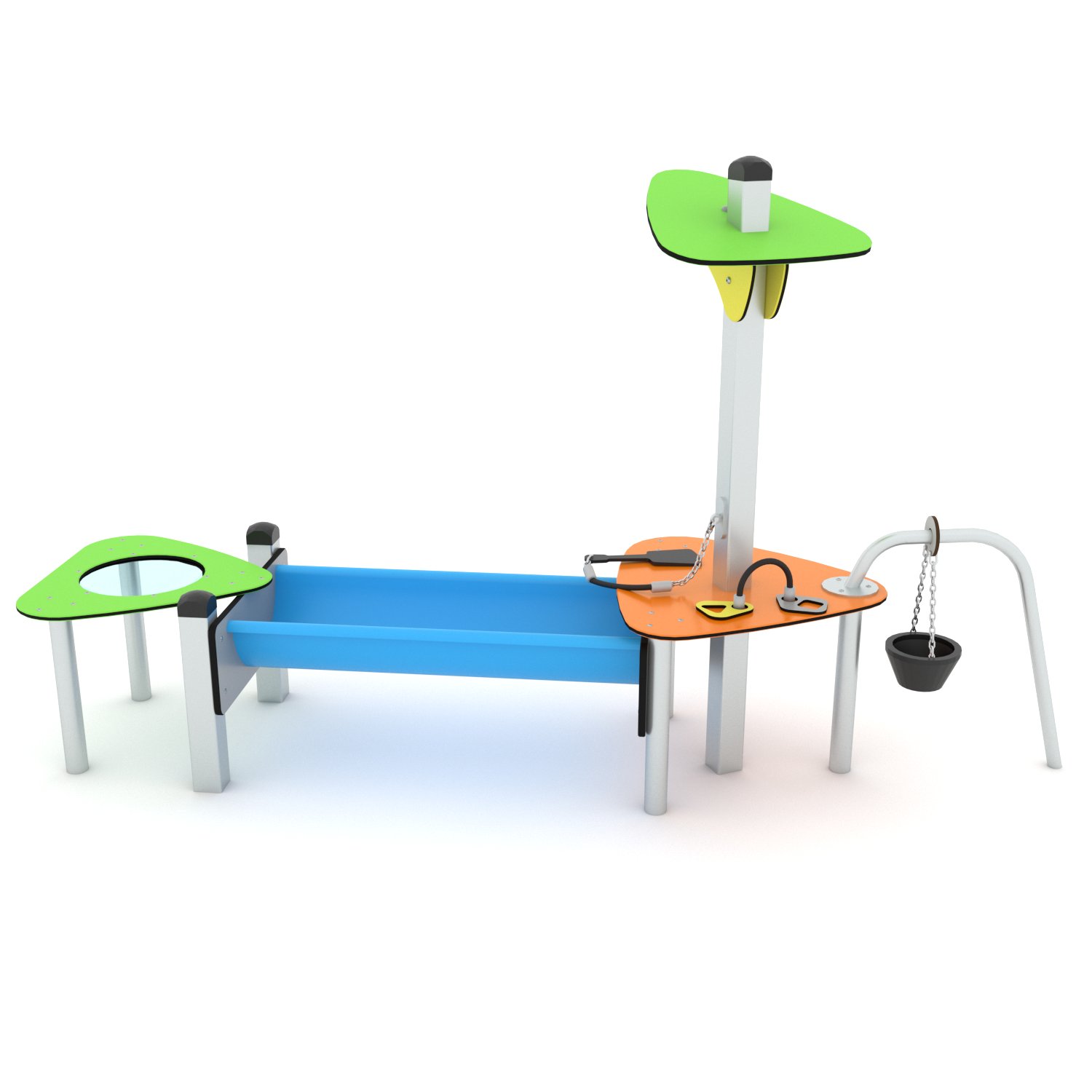 Outdoor sand and water play table with trough, activity counter, suspended bucket and shade canopy for children