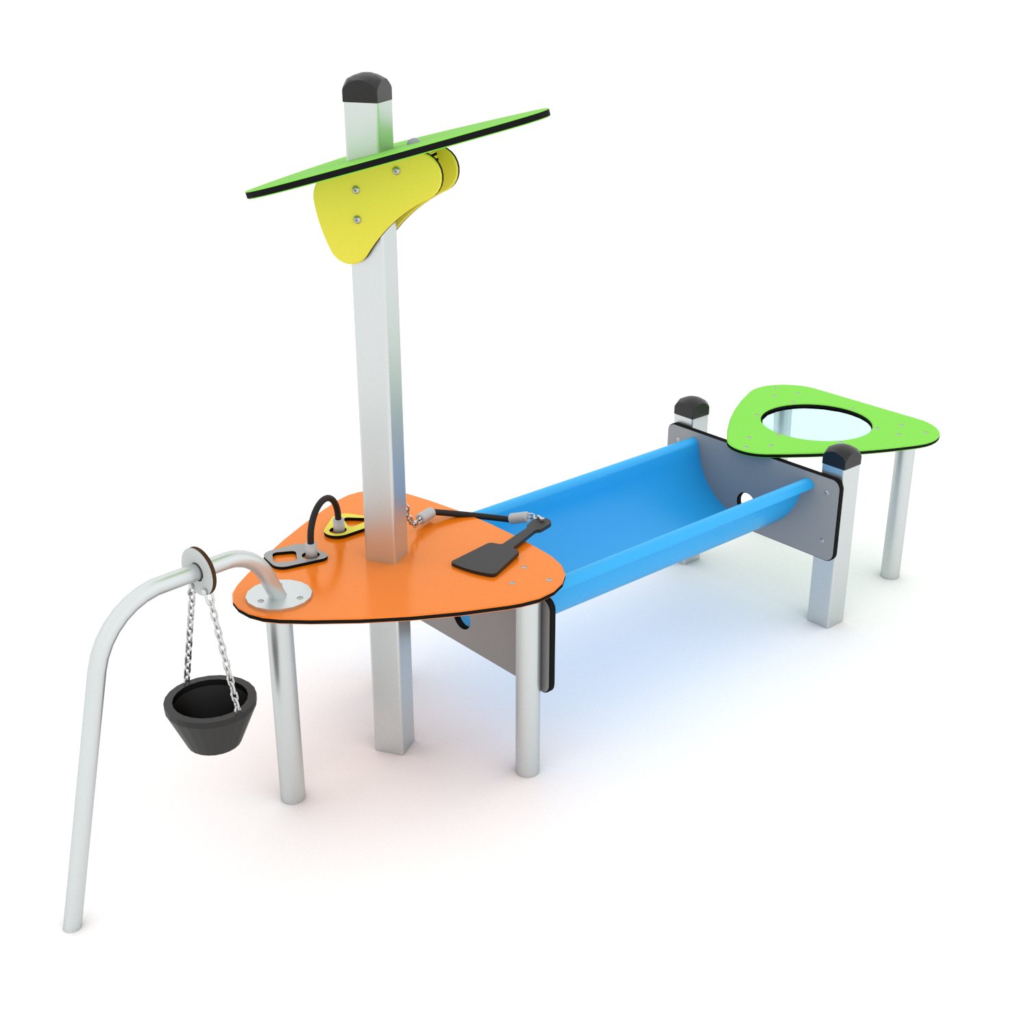 Outdoor sand and water play table with trough, activity counter, suspended bucket and shade canopy for children