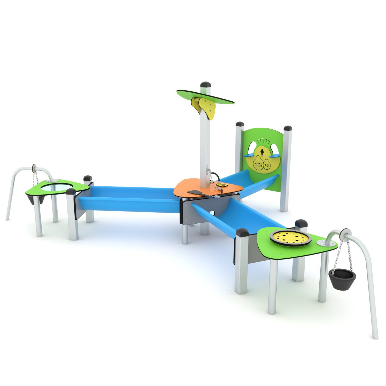 Large outdoor sand and water play table with connected troughs, activity station, canopy and bucket