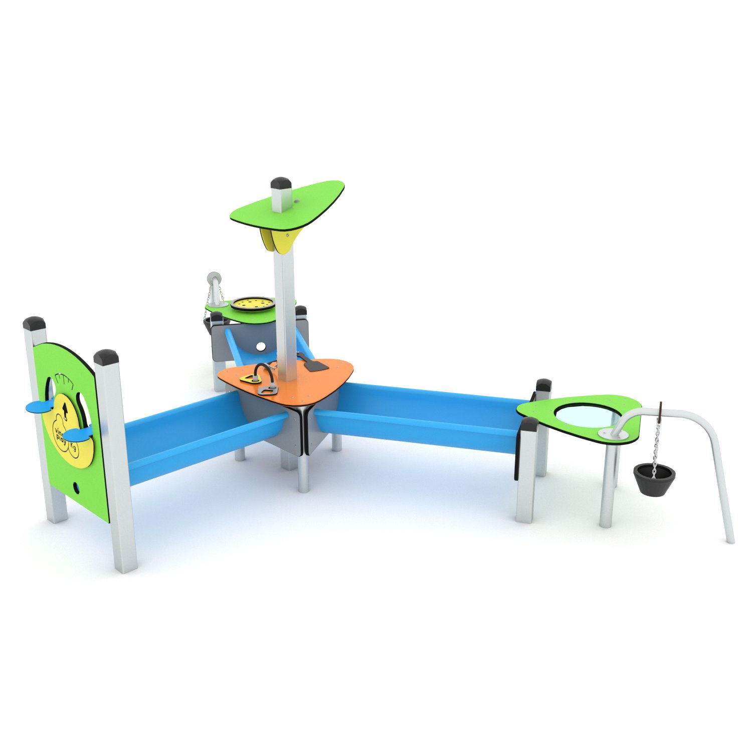“Large outdoor sand and water play table with connected troughs, activity station, canopy and bucket