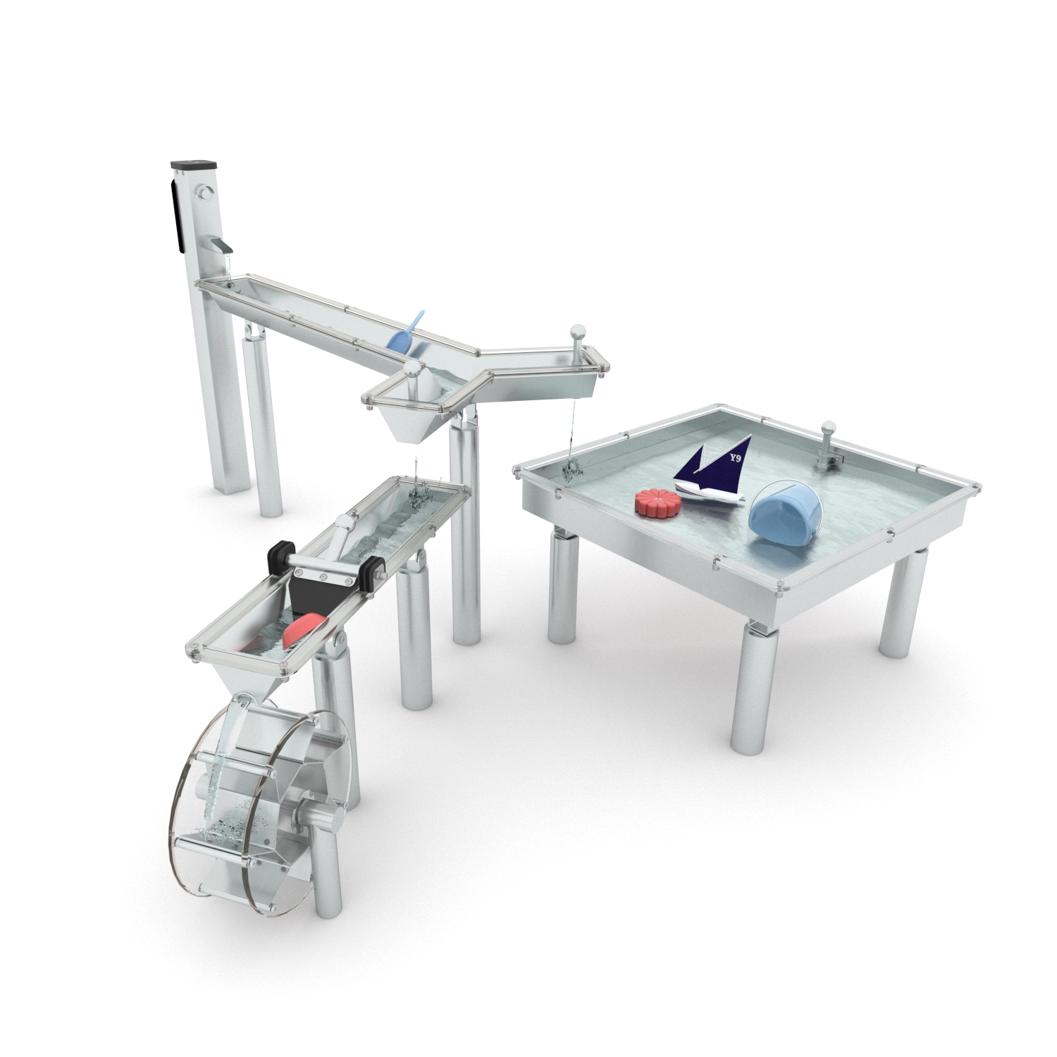 Stainless steel water play system with pump, water channels, diverters, water table and spinning water wheel for outdoor sensory play