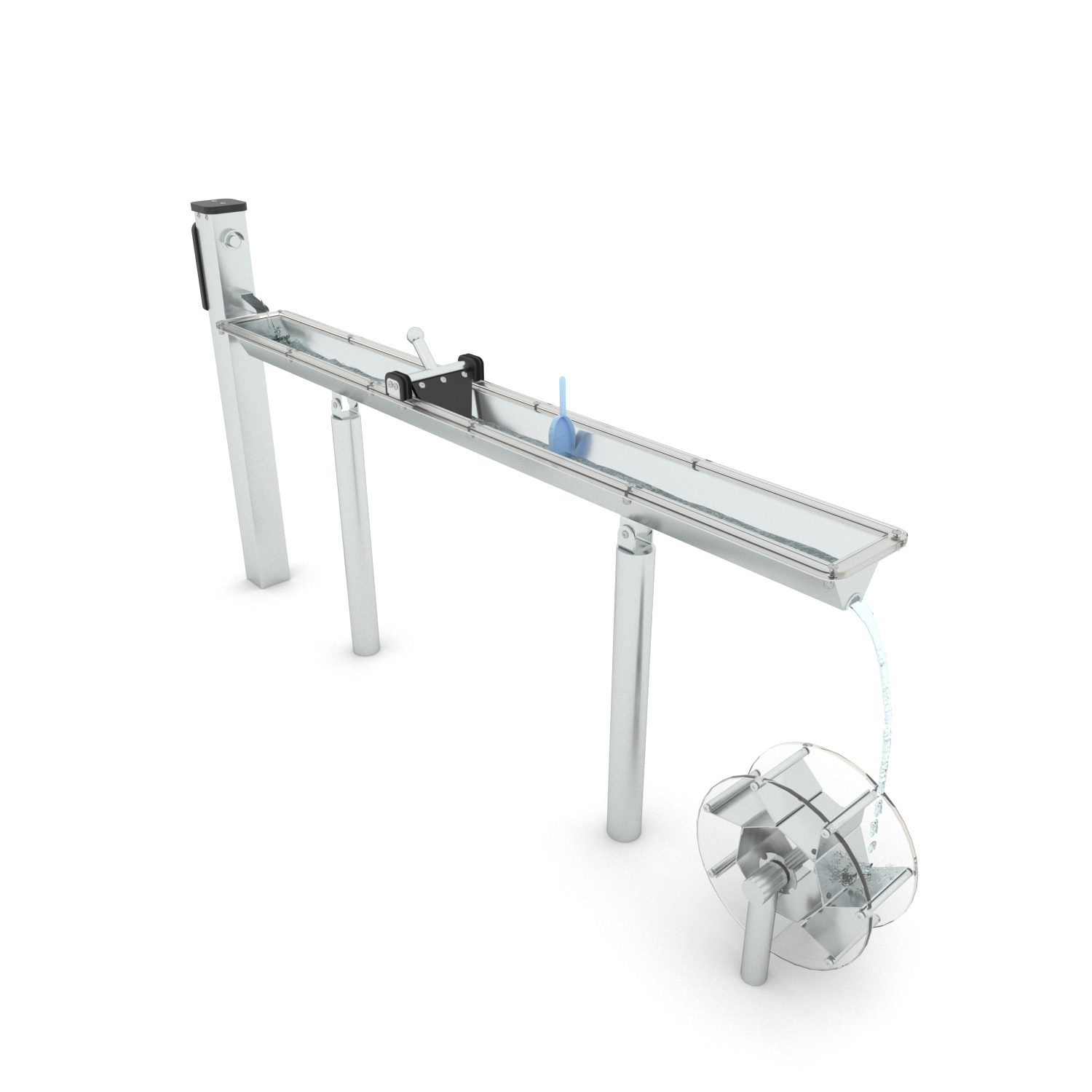 Stainless steel outdoor water play channel with manual pump, sliding gate and spinning water wheel for children’s sensory and STEM play