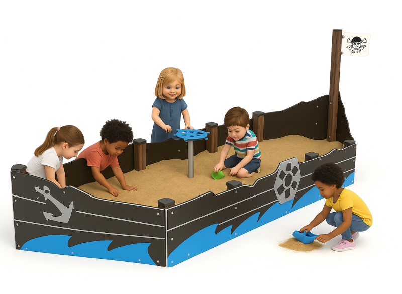 Pirate ship themed playground sandpit with raised HDPE sides, central sand play table and flag mast
