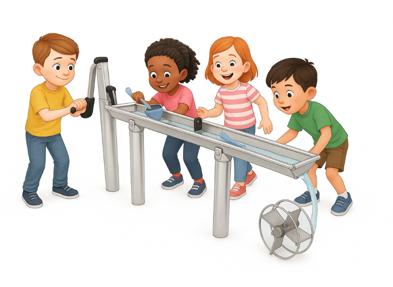 Stainless steel outdoor water play channel with manual pump, sliding gate and spinning water wheel for children’s sensory and STEM play