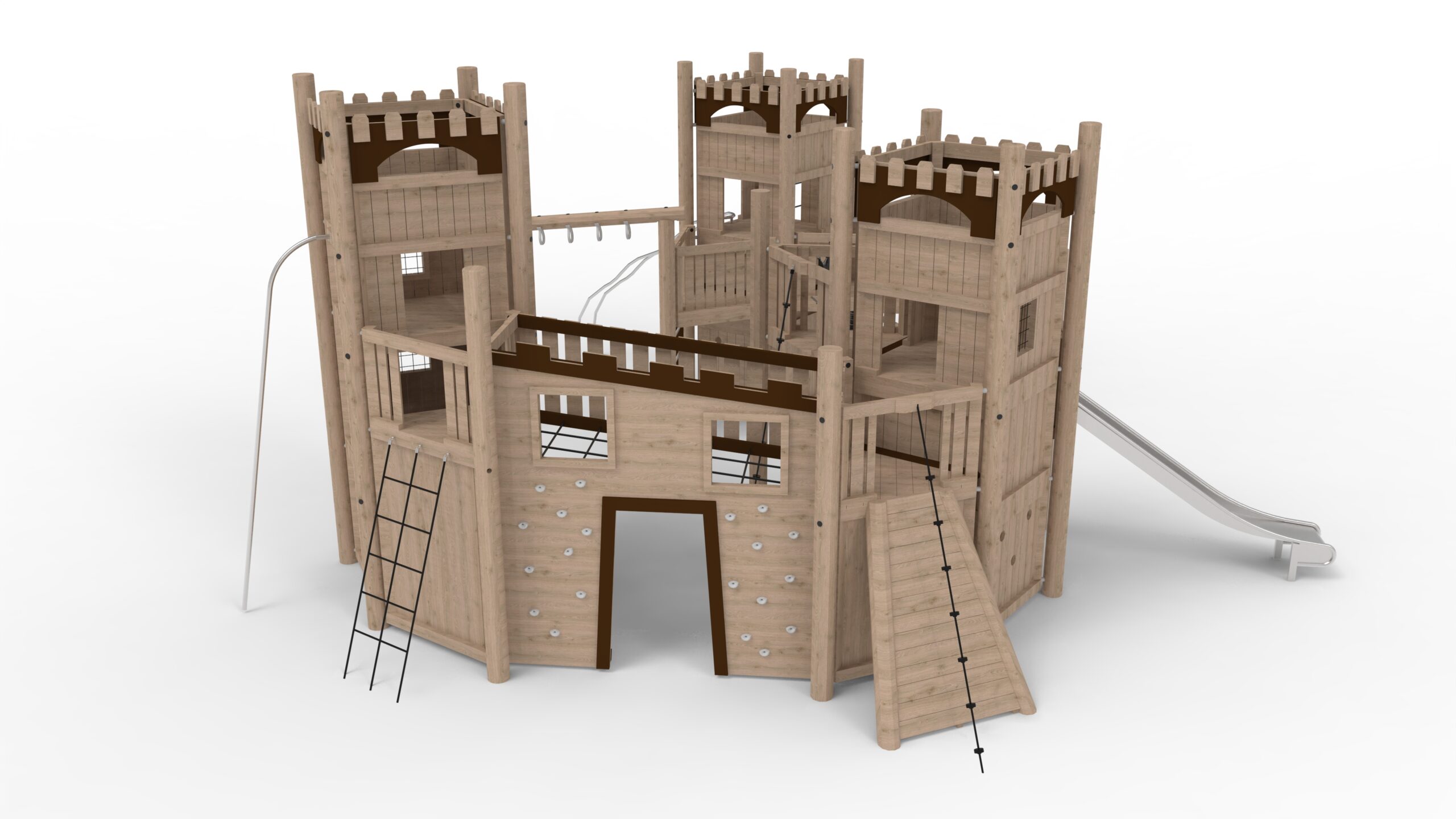 Timber castle playground climbing frame with towers, rope bridges and slide