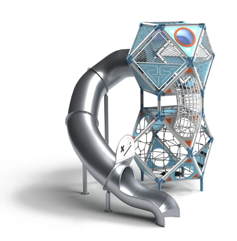 Space-Themed Playground Climbing Frame with Spherical Modules and Tube Slide