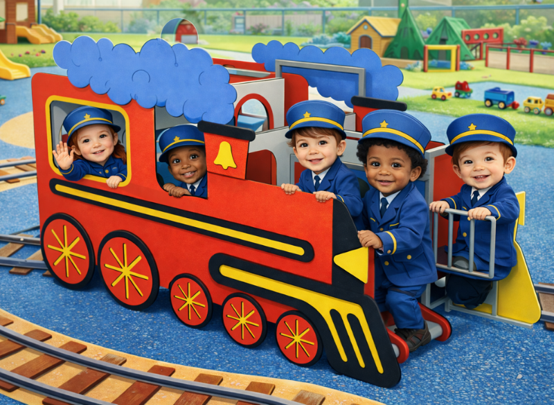 Children playing on a locomotive-themed playground train with wetpour track surface in a nursery play area
