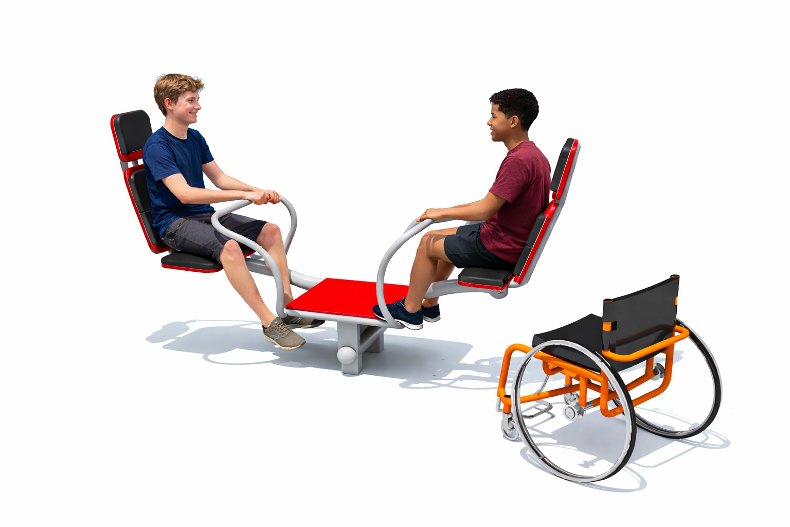 Teenage boys playing together on an inclusive adaptive seesaw https://www.mortisportandplay.co.uk/equipment/inclusive-three-user-seesaw---accessible-seesaw-with-easy-access-seats