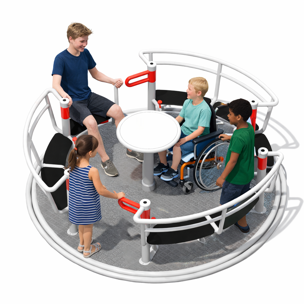 Inclusive SEN playground roundabout with a wheelchair user and children of different ages playing together