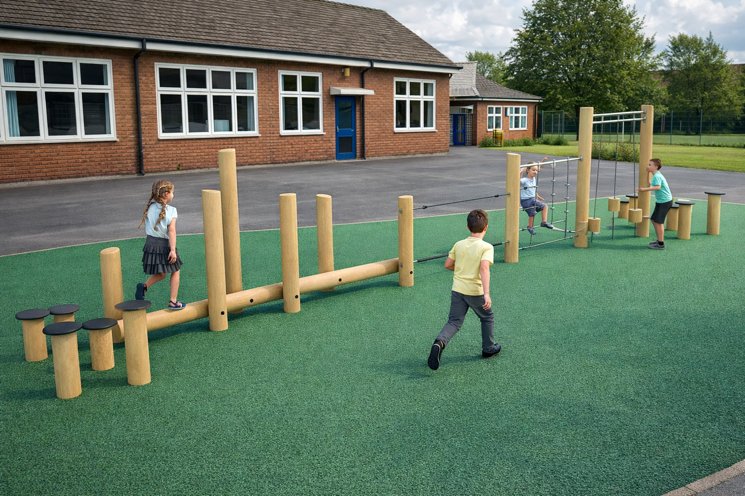 Children enjoying balance and climbing play on a school playground trim trail