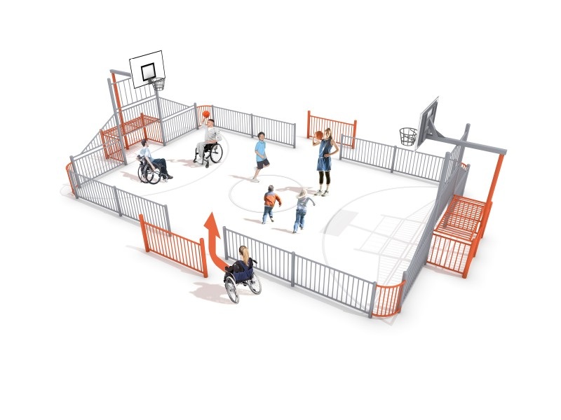 Steel multi-use games area with recessed goal ends