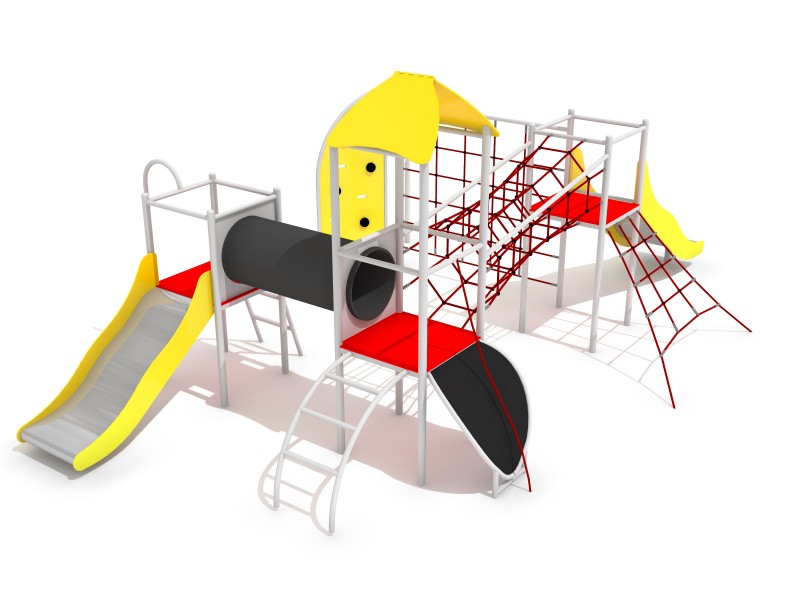 Commercial multi-tower playground with slides, rope climbing nets and crawl tunnel for schools and public play areas