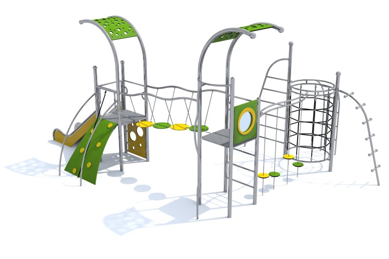 Stainless steel commercial playground climbing and balance unit with rope bridges and stepping pods