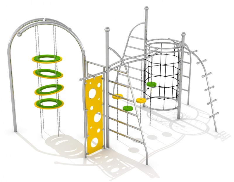 Stainless steel commercial playground climbing circuit with hanging rings, nets and ladders
