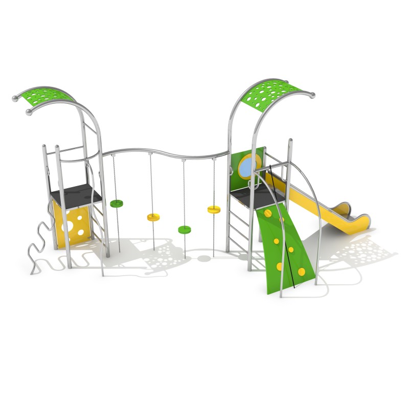 Stainless steel commercial playground multi-play unit with slide, rope crossing and climbing wall
