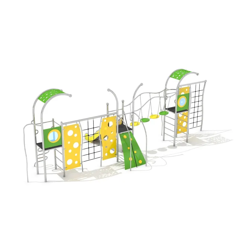 Stainless steel commercial playground climbing and traversal system with panels, nets and rope crossingsStainless steel commercial playground multi-play unit with twin slides, balance pods and traversal elements