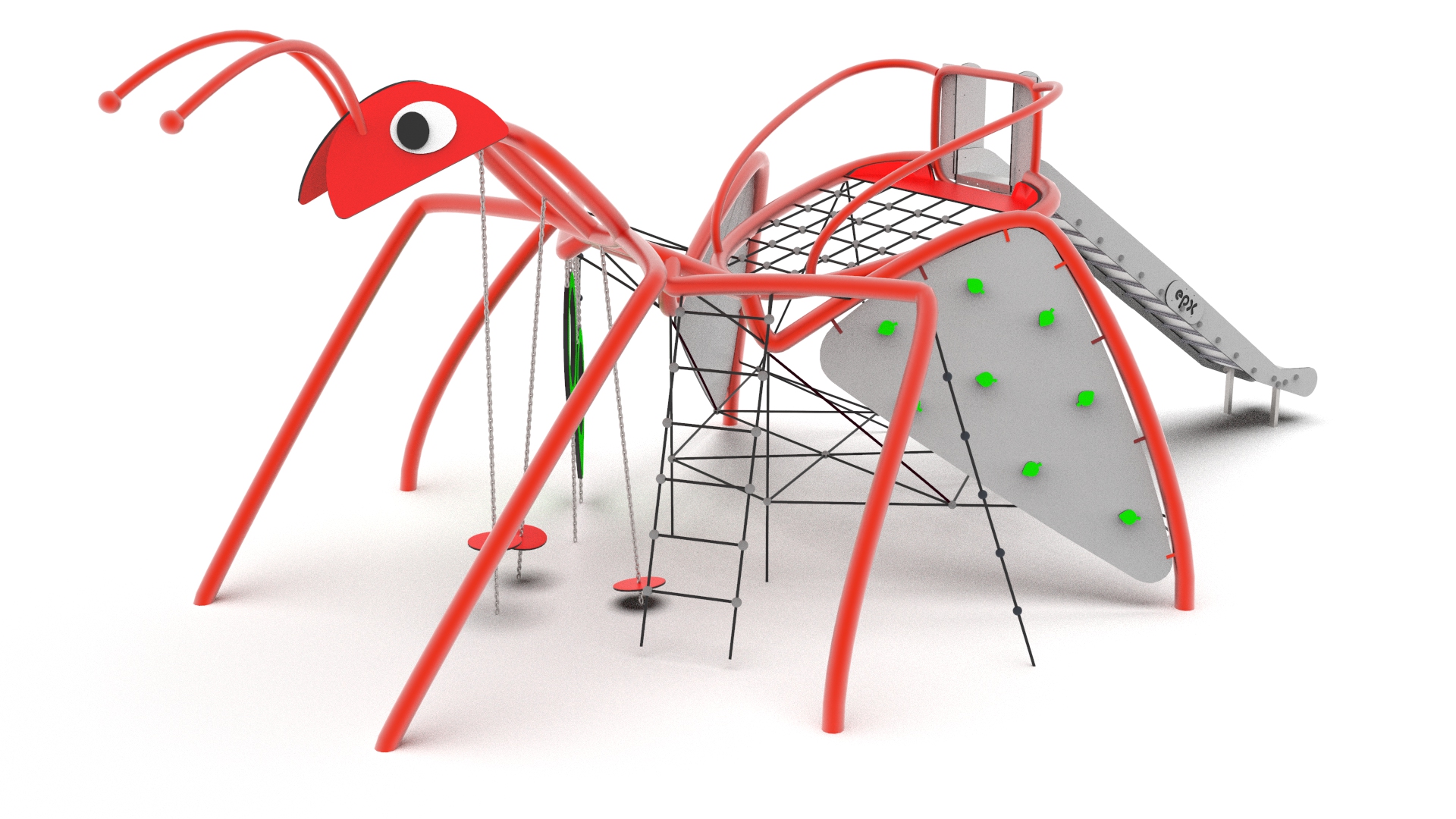 Large insect-themed playground equipment featuring a giant ant climber with slide, climbing wall and rope net challenges.