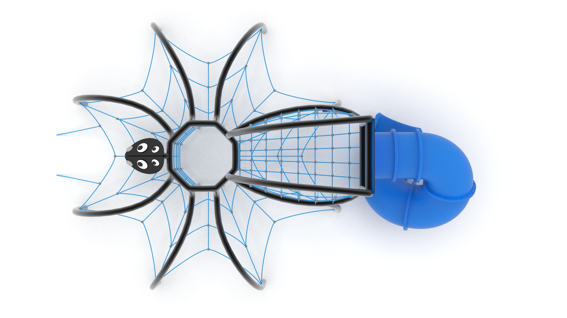 Commercial spider-themed playground equipment with enclosed slide and climbing web structure.
