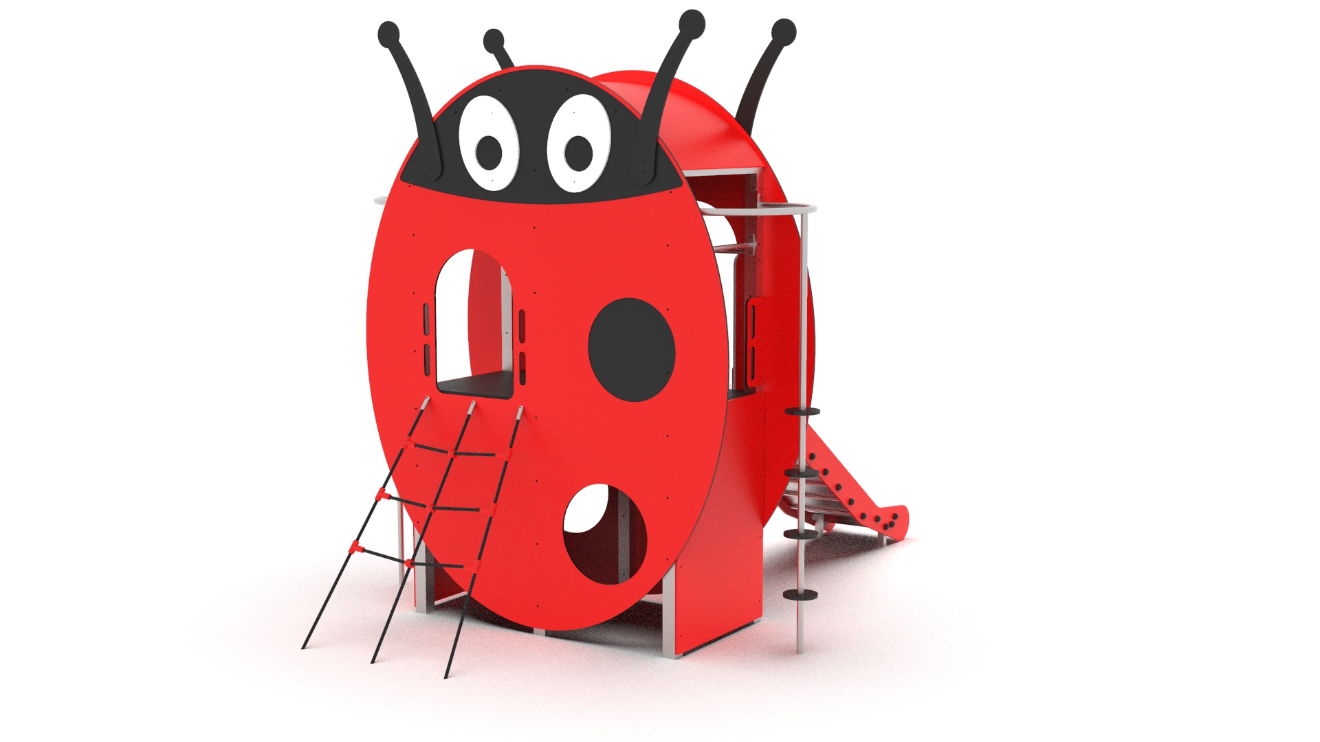 Ladybird-themed playground equipment with climbing ladder, elevated play deck and slide.