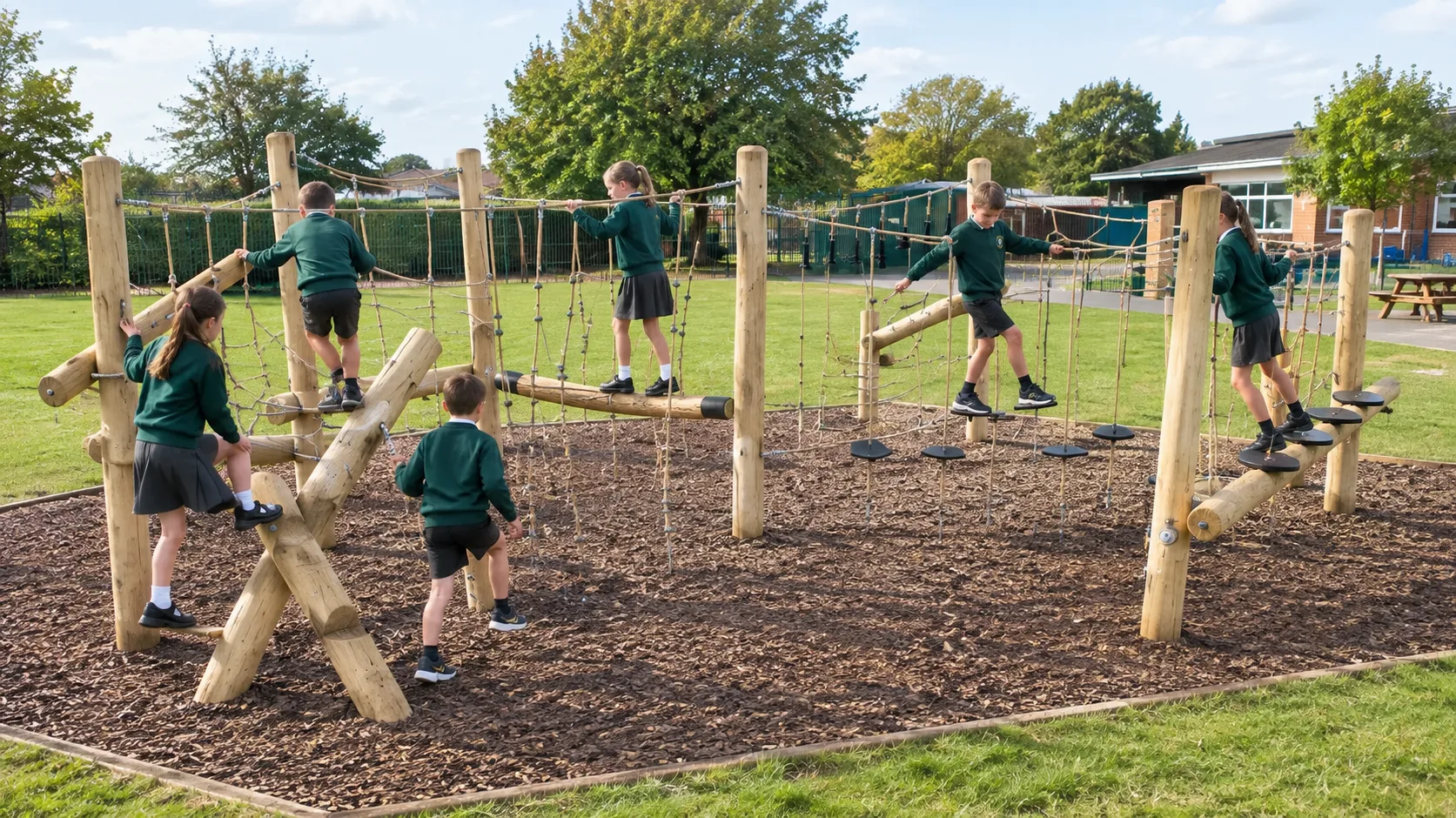 Pupils using a timber trim trail with balance beams, rope nets and stepping discs at a school