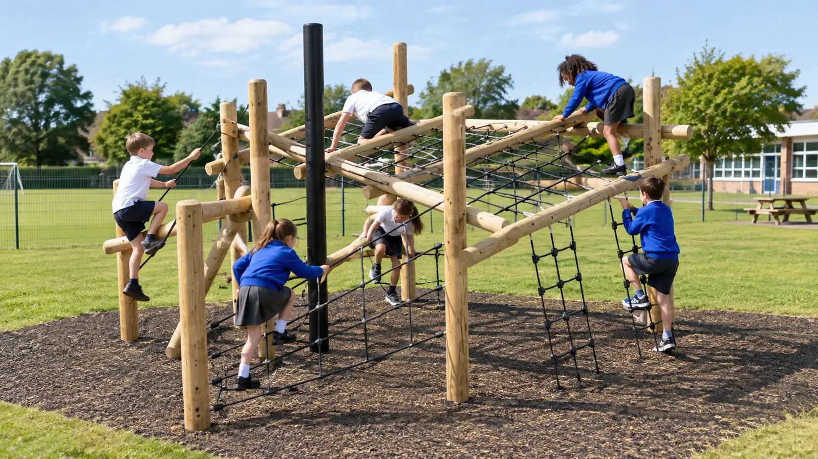 Pupils climbing a timber climbing stack with rope nets on a school playground