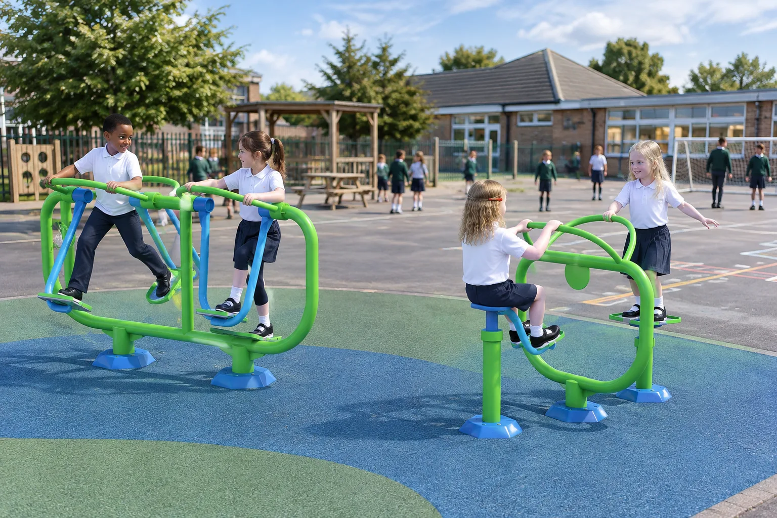 Primary school pupils using green children's outdoor gym equipment on blue and green wetpour safety surfacing in a school playground