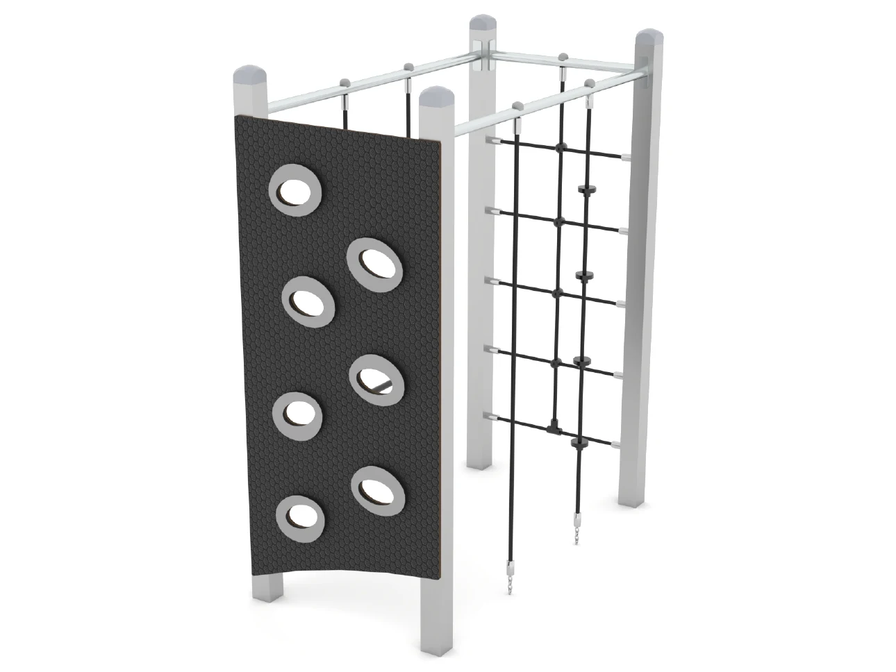 Compact steel climbing frame with climbing wall panel and rope net