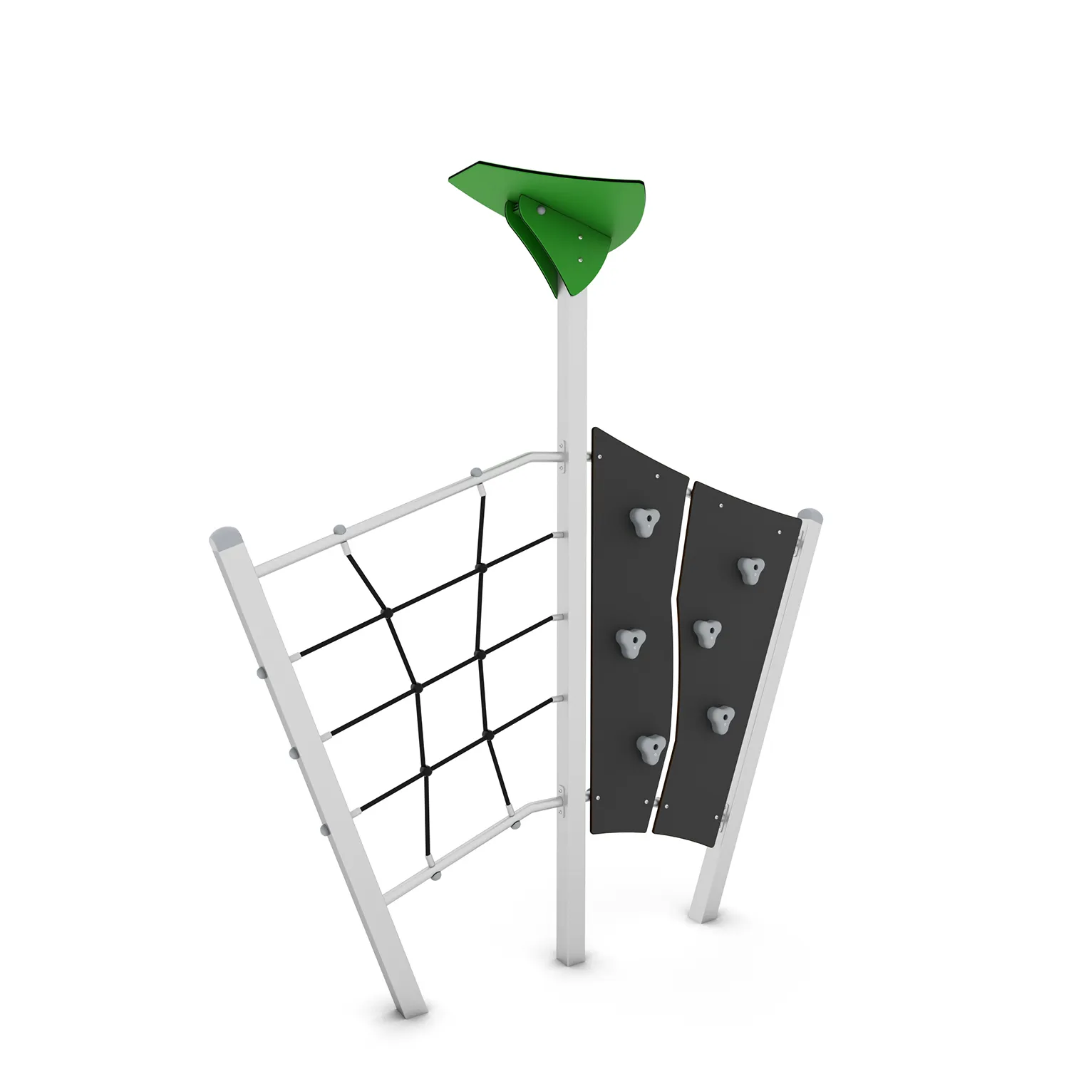 Playground climbing frame with rope net and curved rock-climbing wall